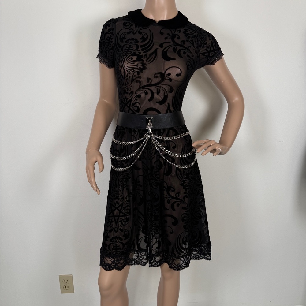 Goth black velvet Peter Pan collar dress sheer